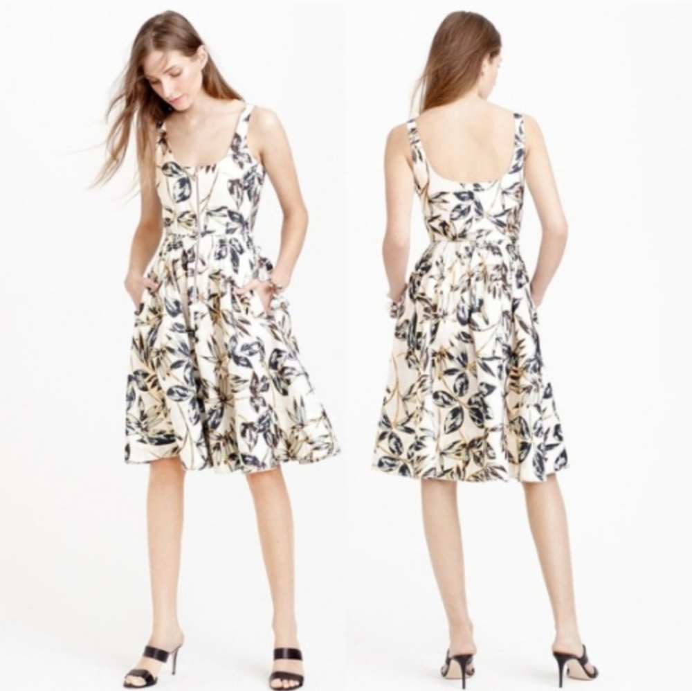 J. Crew 100% linen gold foil leaf sleeveless flare dress size 12 Resort Vacation